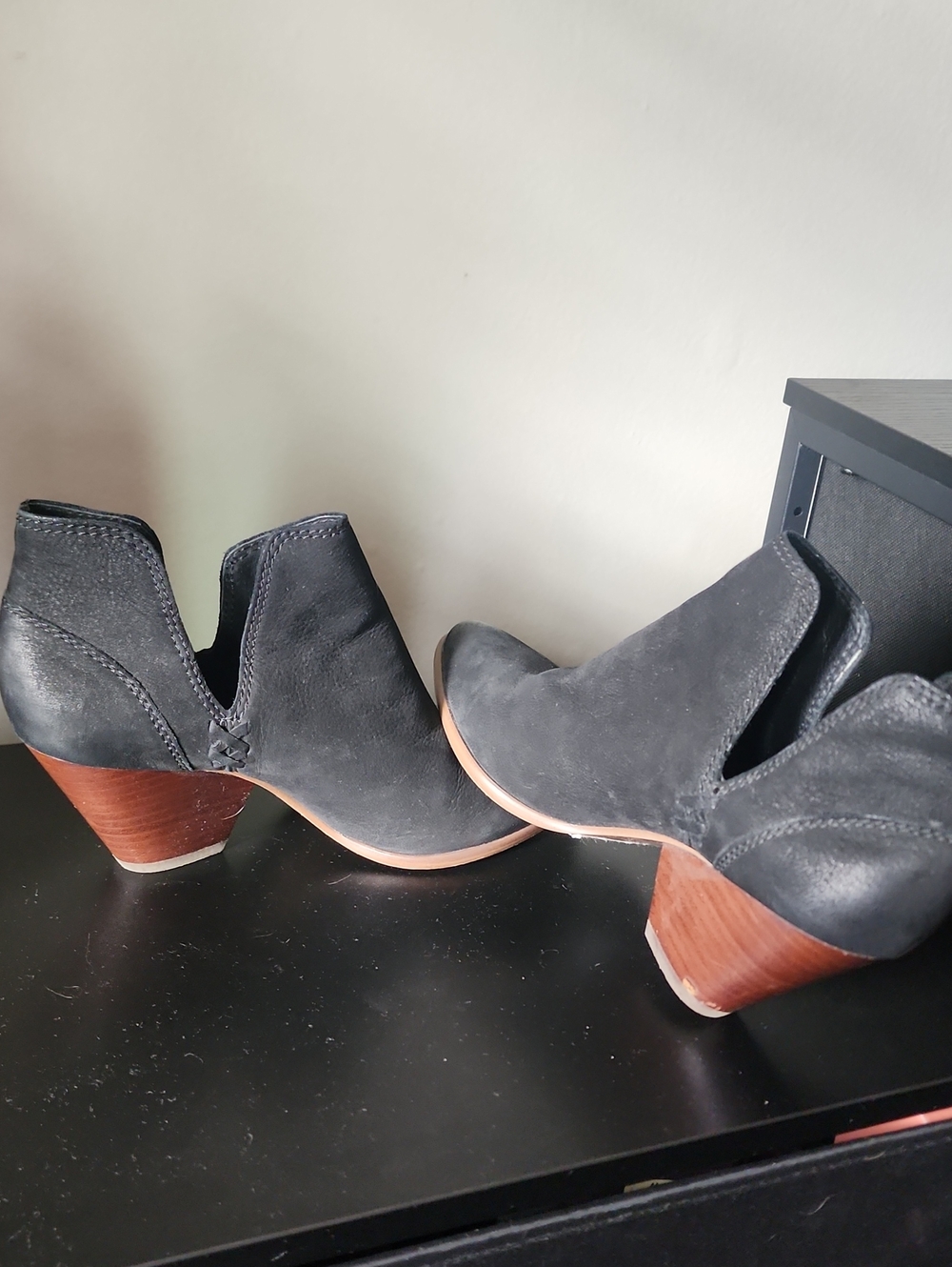 Frye Black Suede Ankle Booties with Brown Wood Block Heel